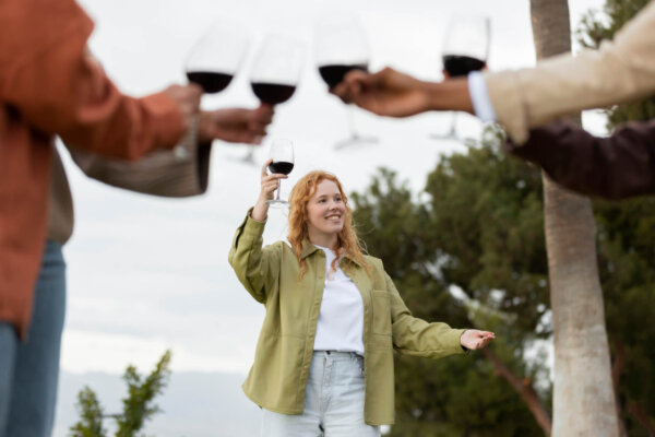 friends toasting with glasses wine outdoor party scaled